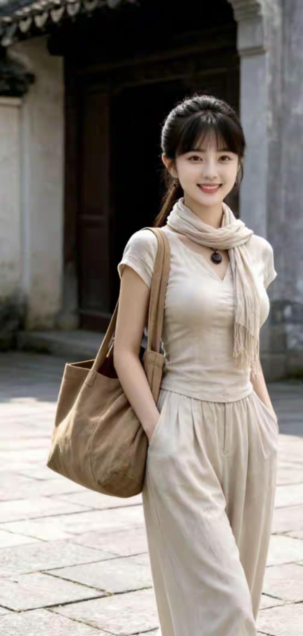 古风少女漫步在石板路上，笑容甜美，手提大包，尽显优雅气质。