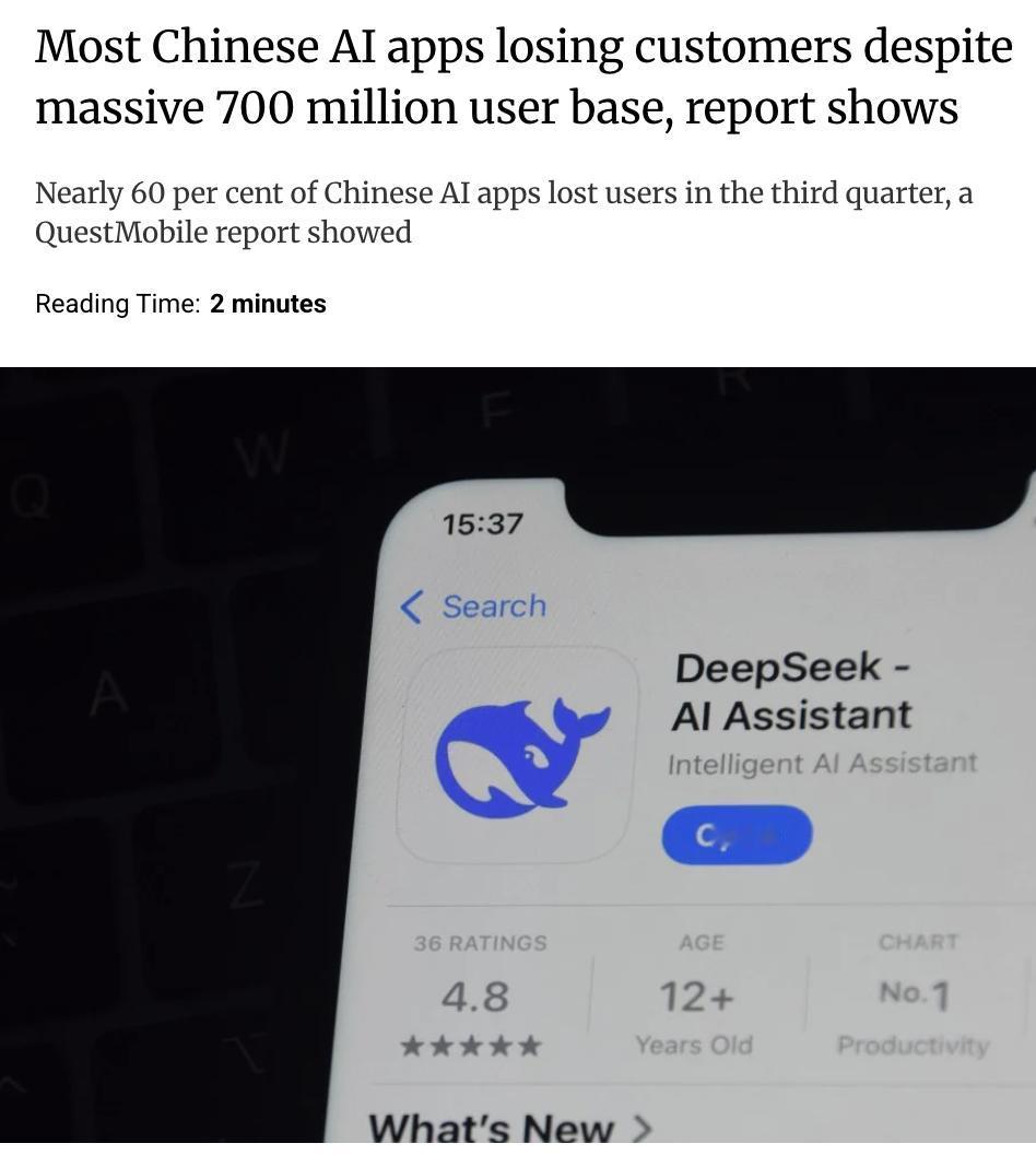 外媒：报告显示，中国人工智能类移动应用用户总数已超过7亿，但多数应用正在流失用户