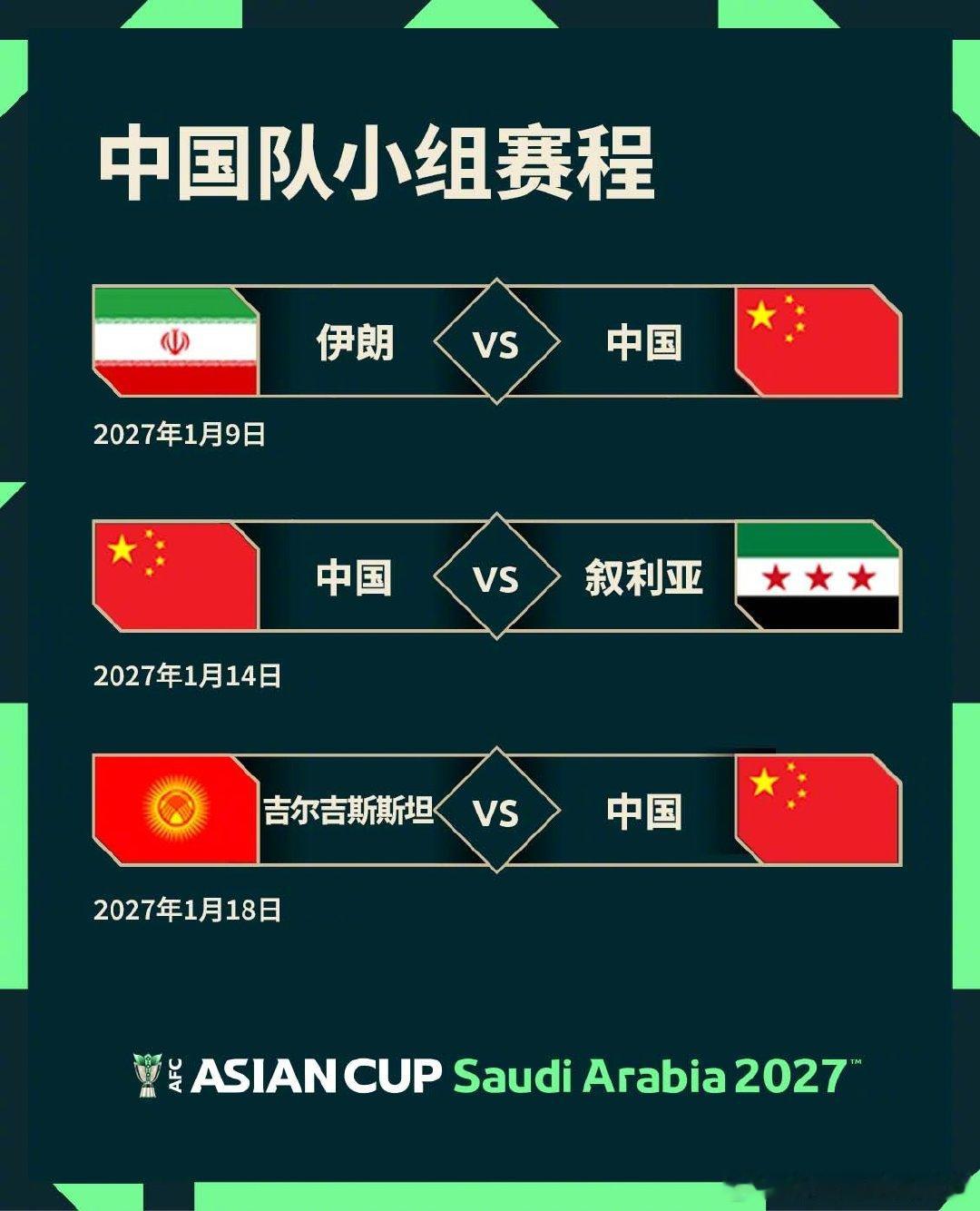 明年一月，硝烟再起⚔️锁定2027亚洲杯中国队小组赛赛程🔖📢转评赞本博预测