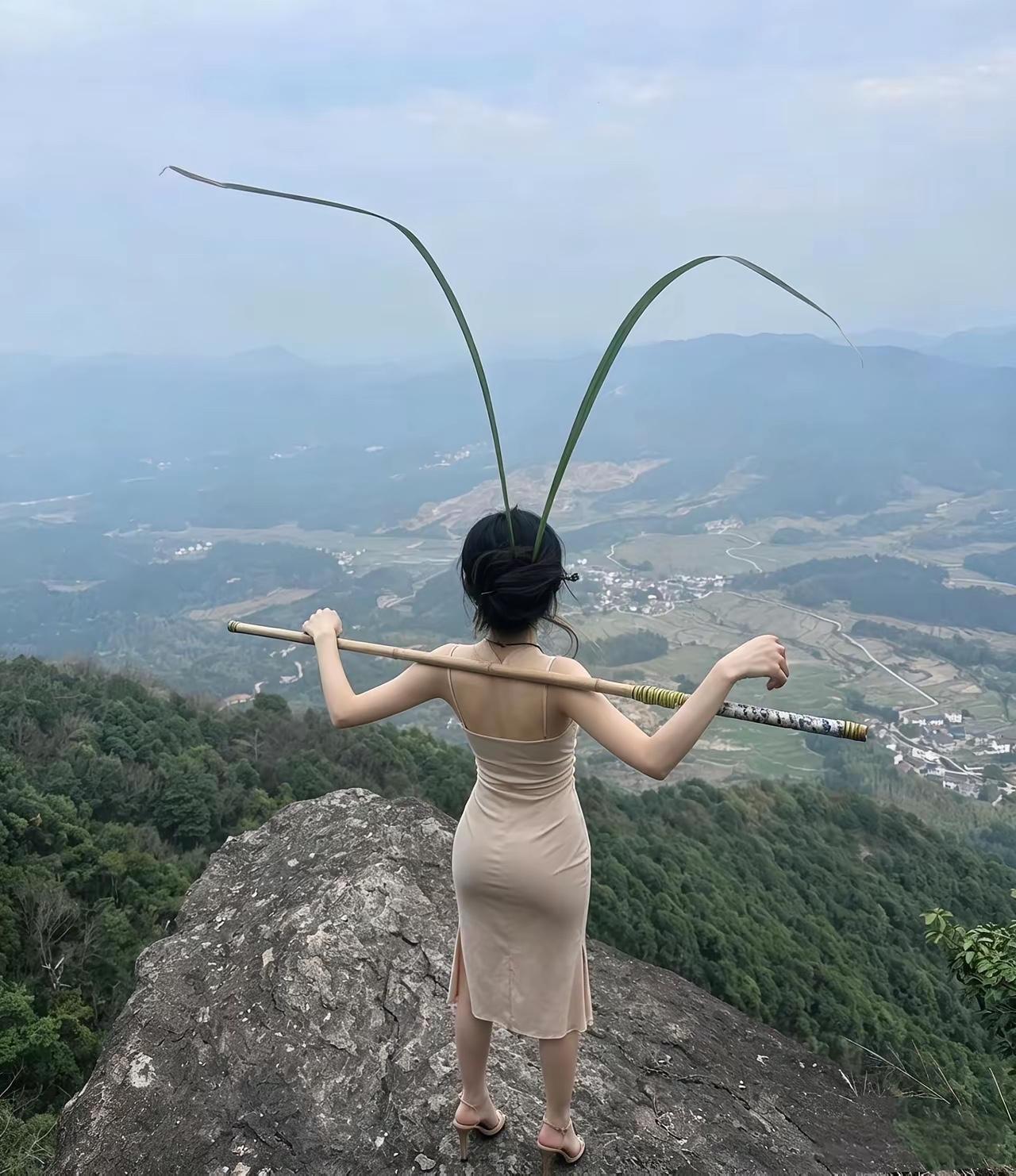 看看这位美女头上插两根草肩上扛一根“金箍棒”…这是活脱脱的女版齐天大圣啊！