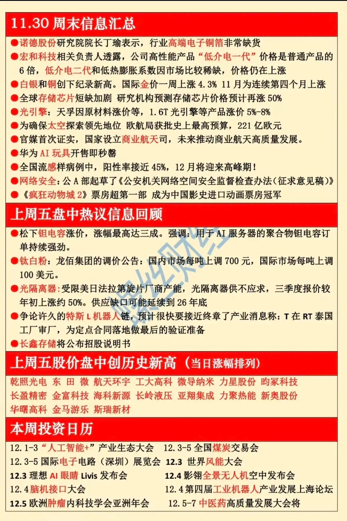 11.30周末热点财经信息汇总！1.诺德股份研究院院长丁瑜表示，行业高端电