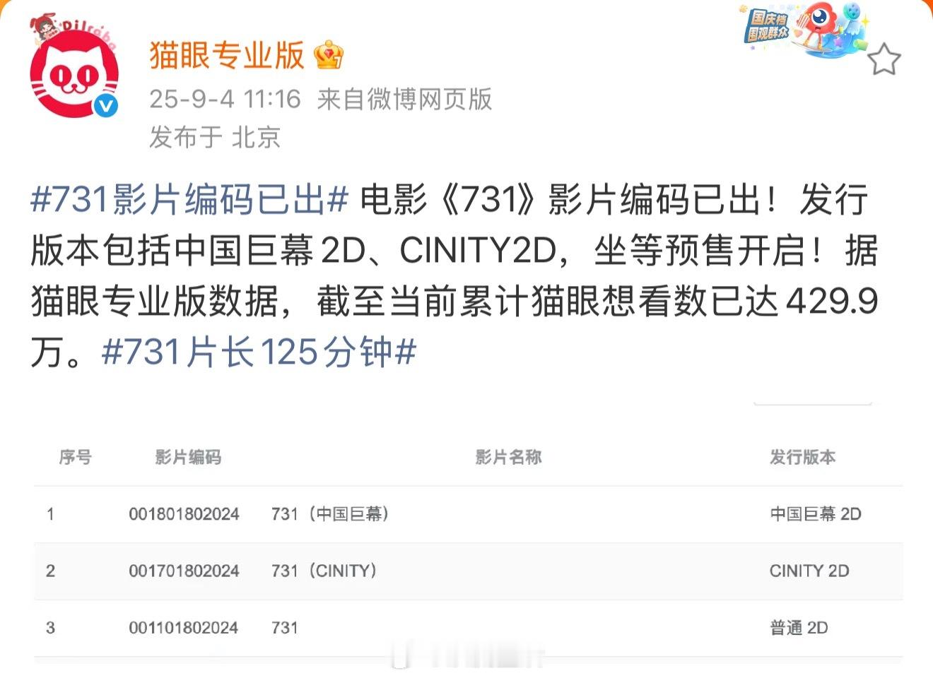 731片长125分钟918来看731！​​​