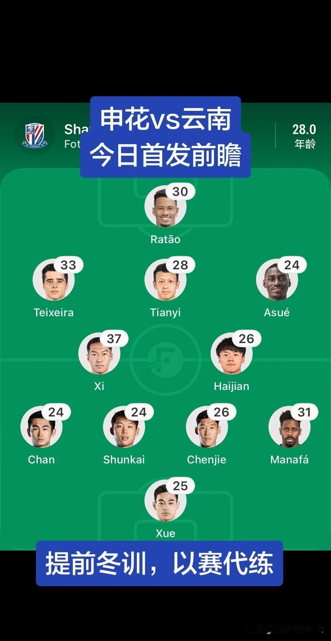 申花vs云南今日首发前瞻。中超上海申花申花申花是冠军
