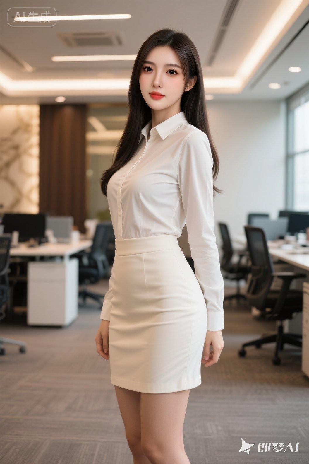办公室女文员，25岁，穿着米白色贴身长袖衬衫，米白色包臀短裙，长发披肩，长相甜美