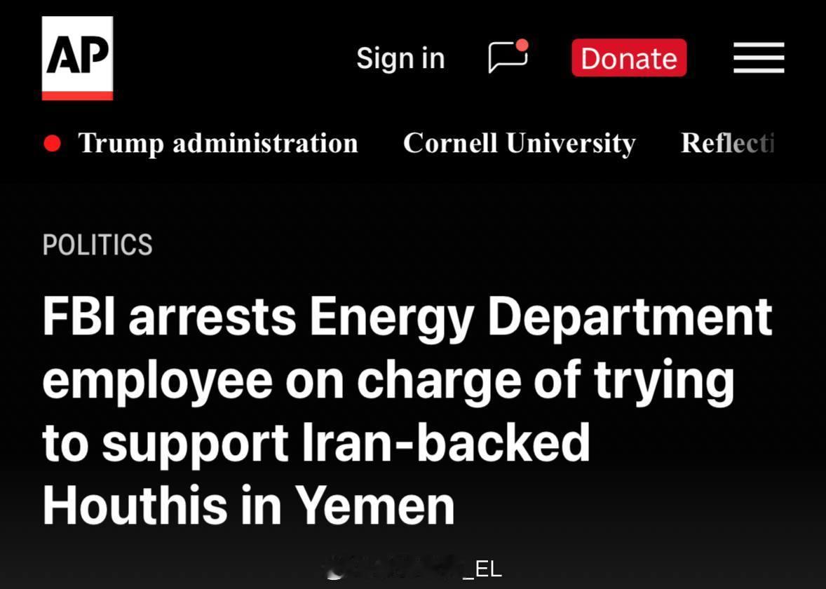美国FBI逮捕了美国能源部的电气工程师阿什顿·海姆斯·埃拉布迪（51岁），他被指控向也门胡塞武装出售