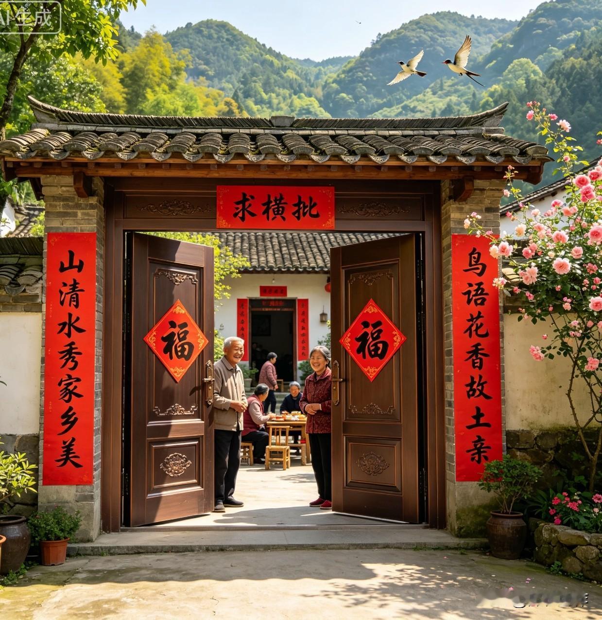 上联：山清水秀家乡美下联：鸟语花香故土亲这副联满是对家乡的眷恋，“山清水