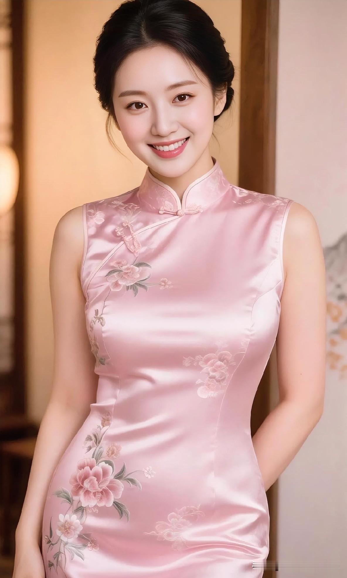 粉色缎面旗袍温婉雅致，牡丹刺绣绽放东方韵味，盘发轻挽，浅笑间尽显大家闺秀的柔美气