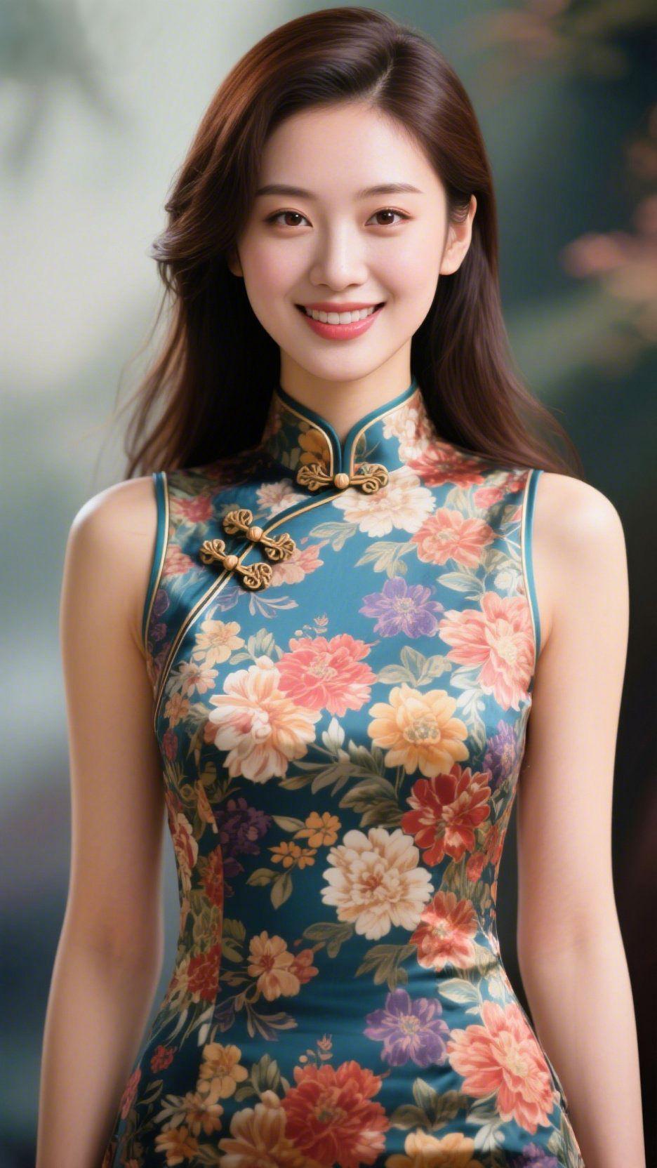 翠襟藏春，温婉生柔墨绿缎面裹满襟花色，似将江南春景缝入衣袂。立领轻贴