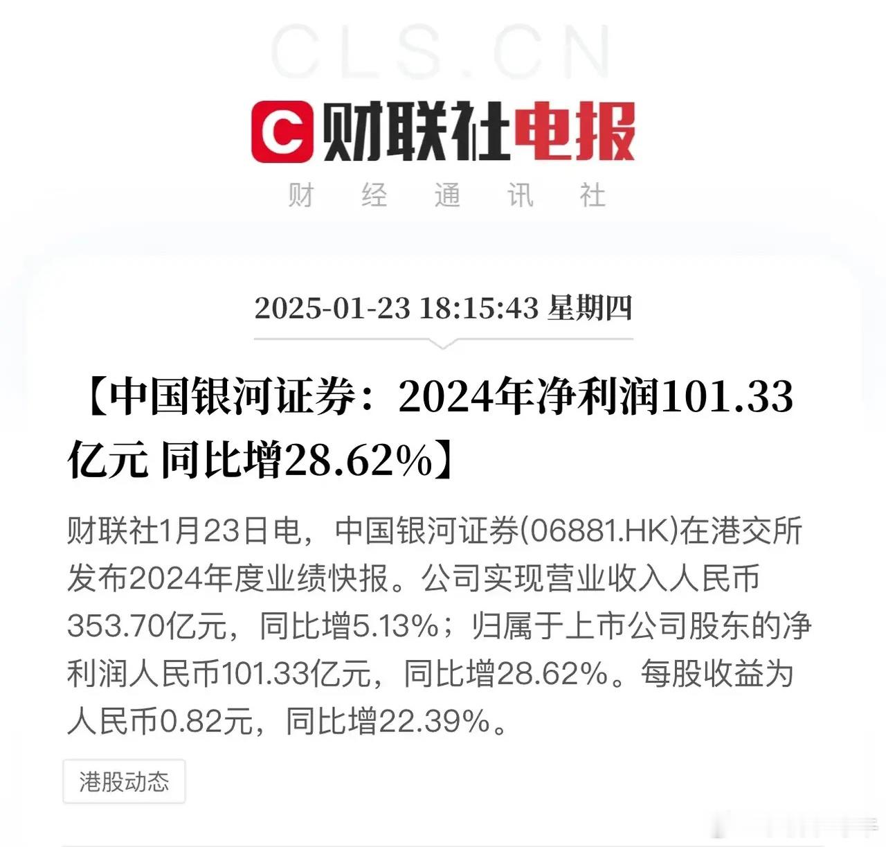 又新增一家年报利润上百亿的企业，中国银河证券发布年报预告：2024年净利润101