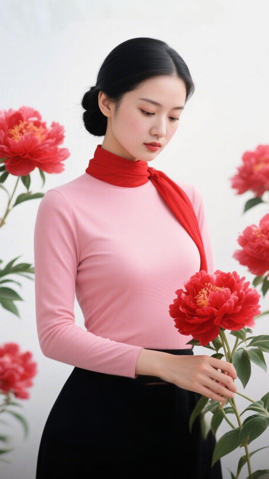 红牡丹雅韵素壁清宁涵淡远　晴光浅淡拂芳丛虚庭雅静蕴和融　暖煦轻柔绕艳红