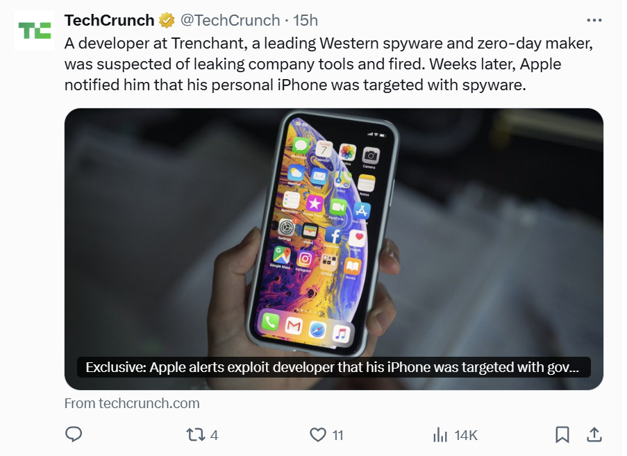 【苹果警告漏洞开发者，他的iPhone遭到政府间谍软件攻击】10月22日消息，据