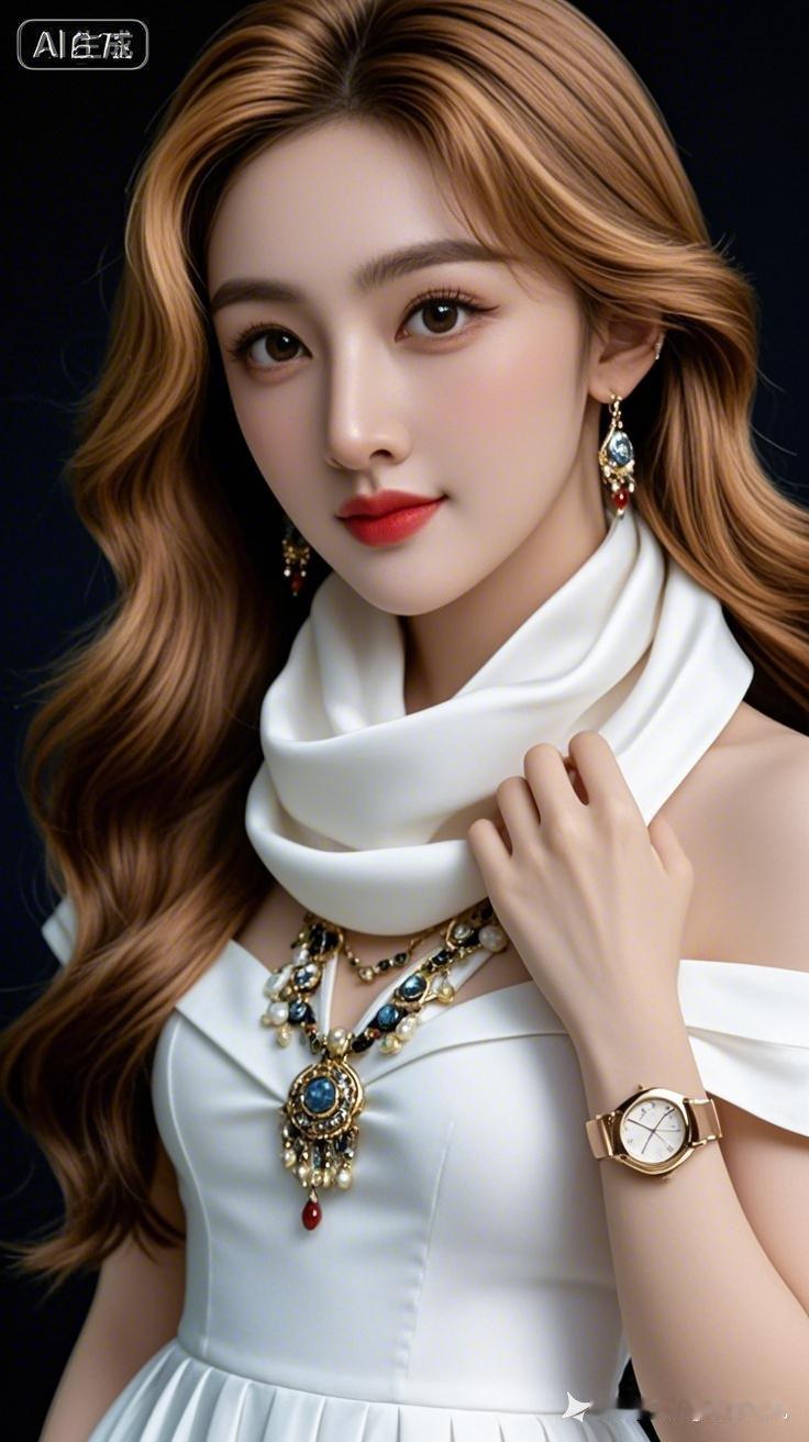 美女肤白貌美唇红，金棕色长卷发慵懒有型，着白色宽松露肩大叠领衣，配高档首饰，五分