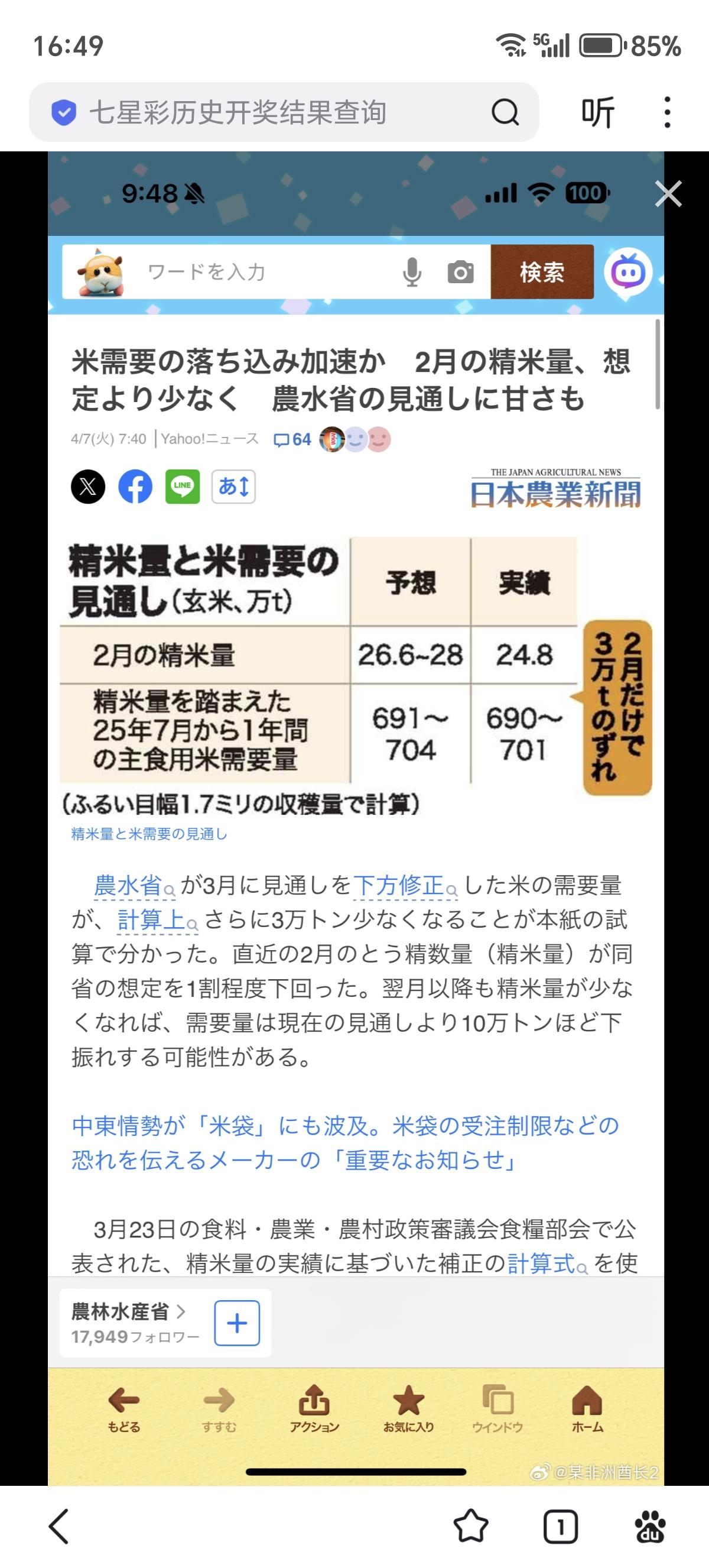 日本大米消费量继续下滑，2月实际消费量比农林水产省预估的要少3万吨现在日本大