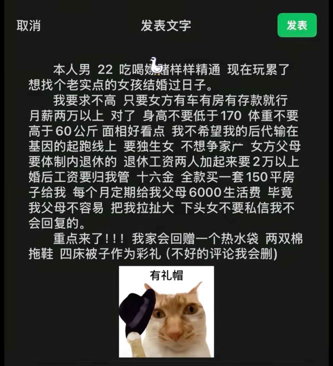 22岁全能浪子打算上岸找接盘侠，把择偶条件列得比企业招聘高管还严苛。要房要车要高