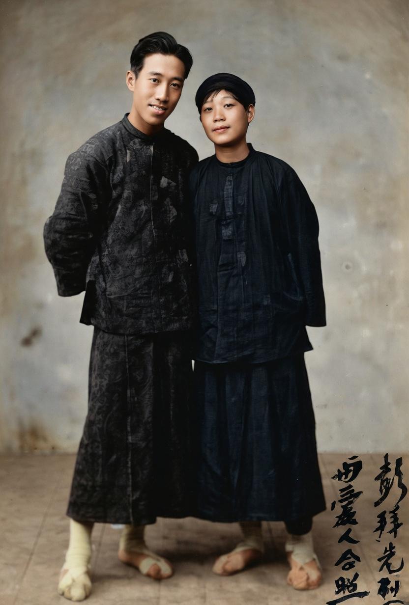 这张婚恋照的主角是革命先驱彭湃与蔡素屏。照片左侧的男子是彭湃，他身穿中式长衫，