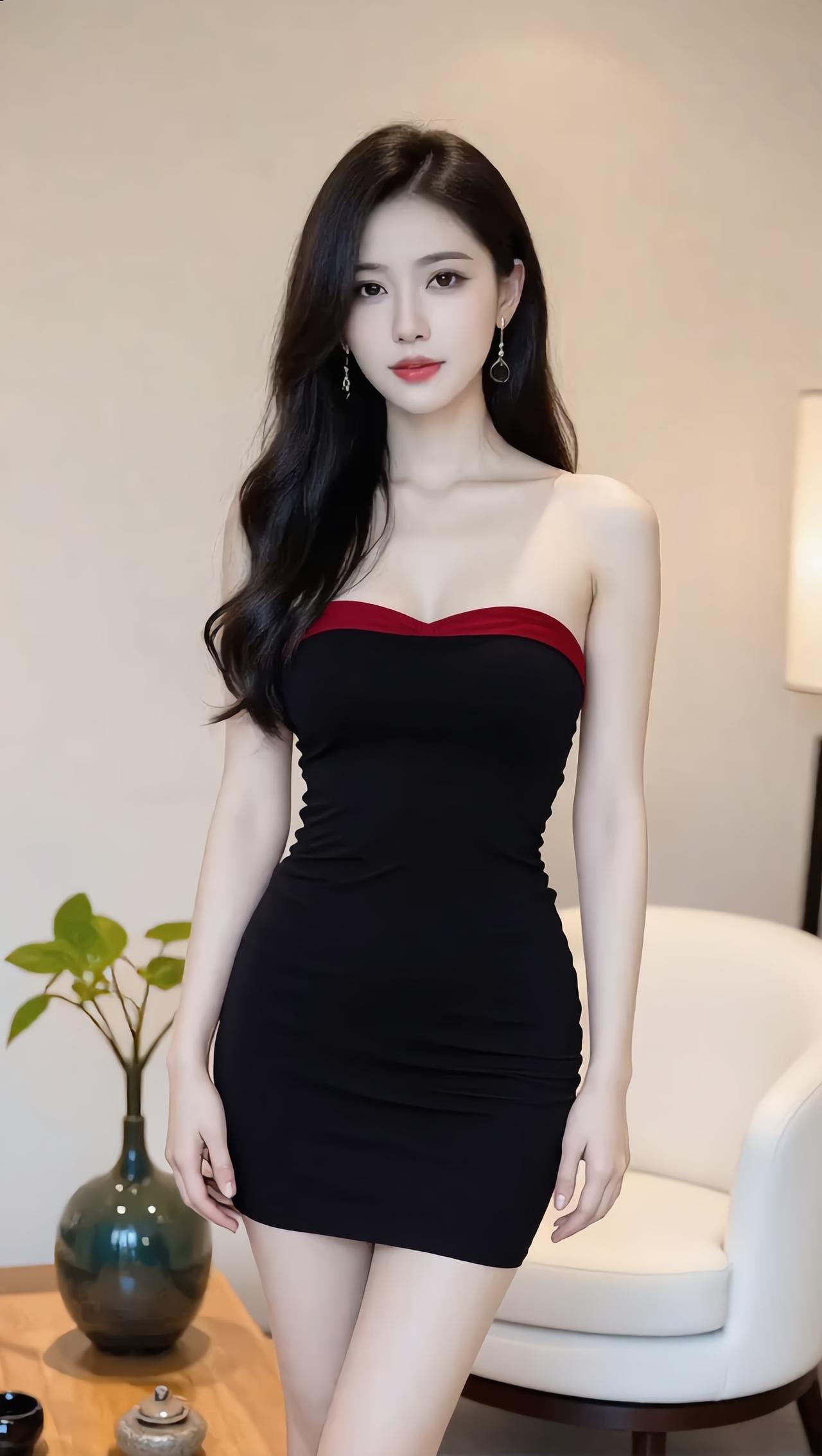 这位女士穿着红色边的黑色连衣裙。