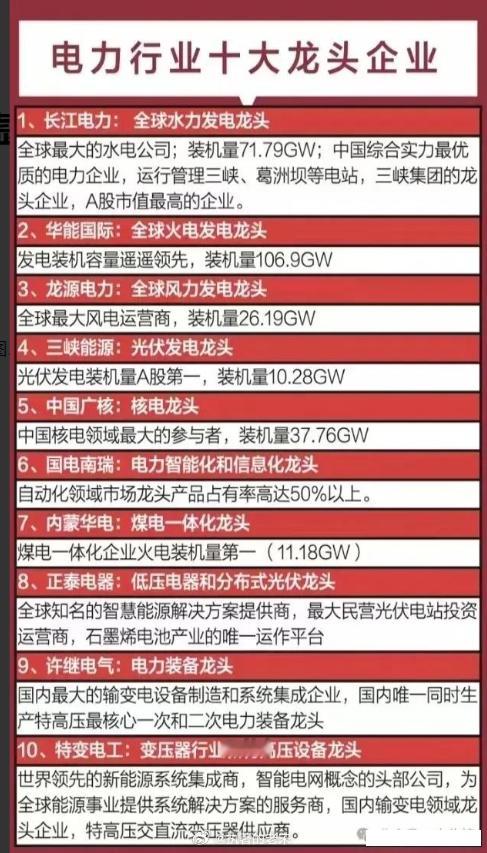电力行业十大龙头​​​