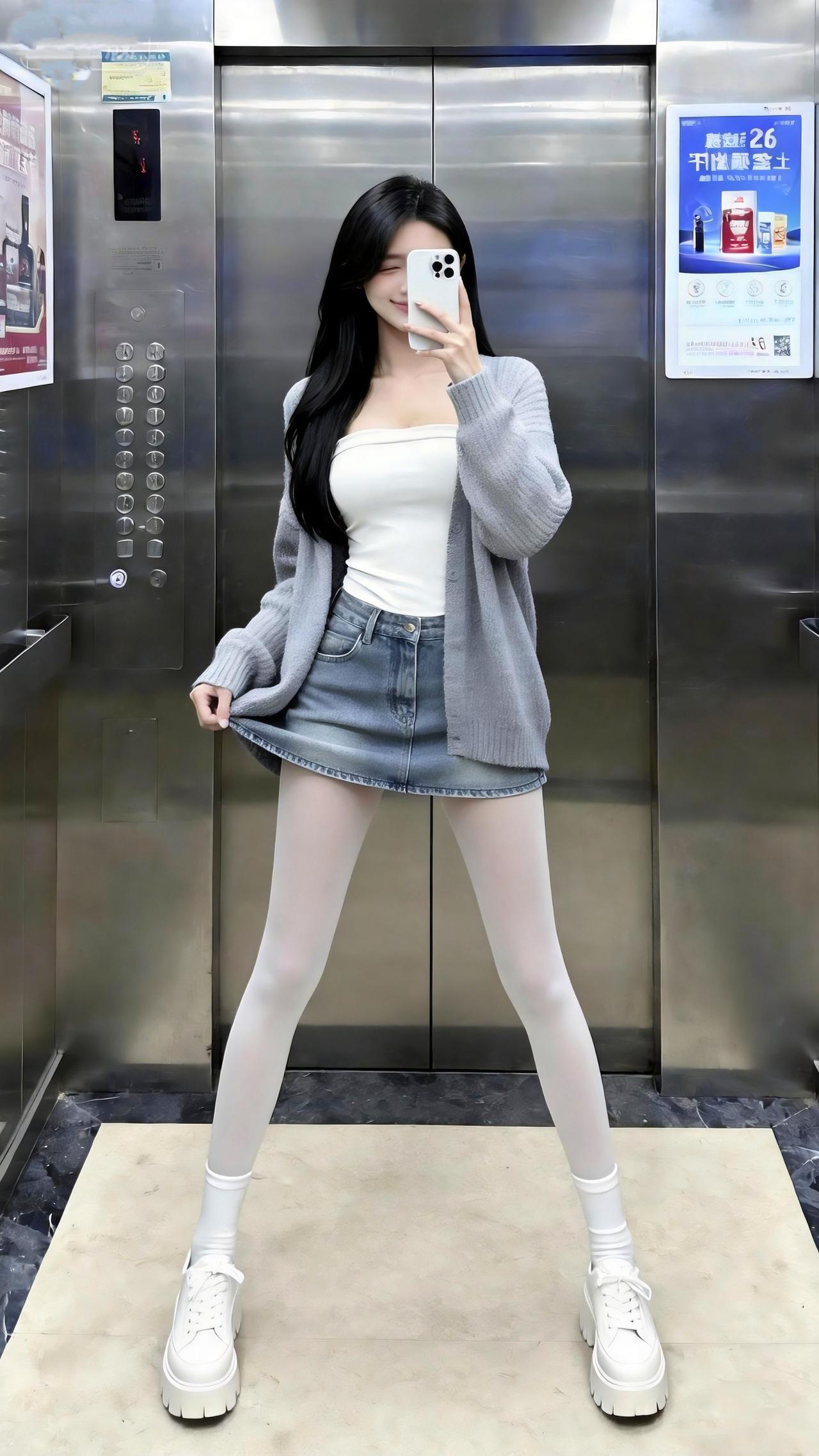 灰开衫裹着随性慵懒，牛仔短裙一搭添了甜飒俏感～白丝衬得腿型更柔和，厚底鞋踩出元气