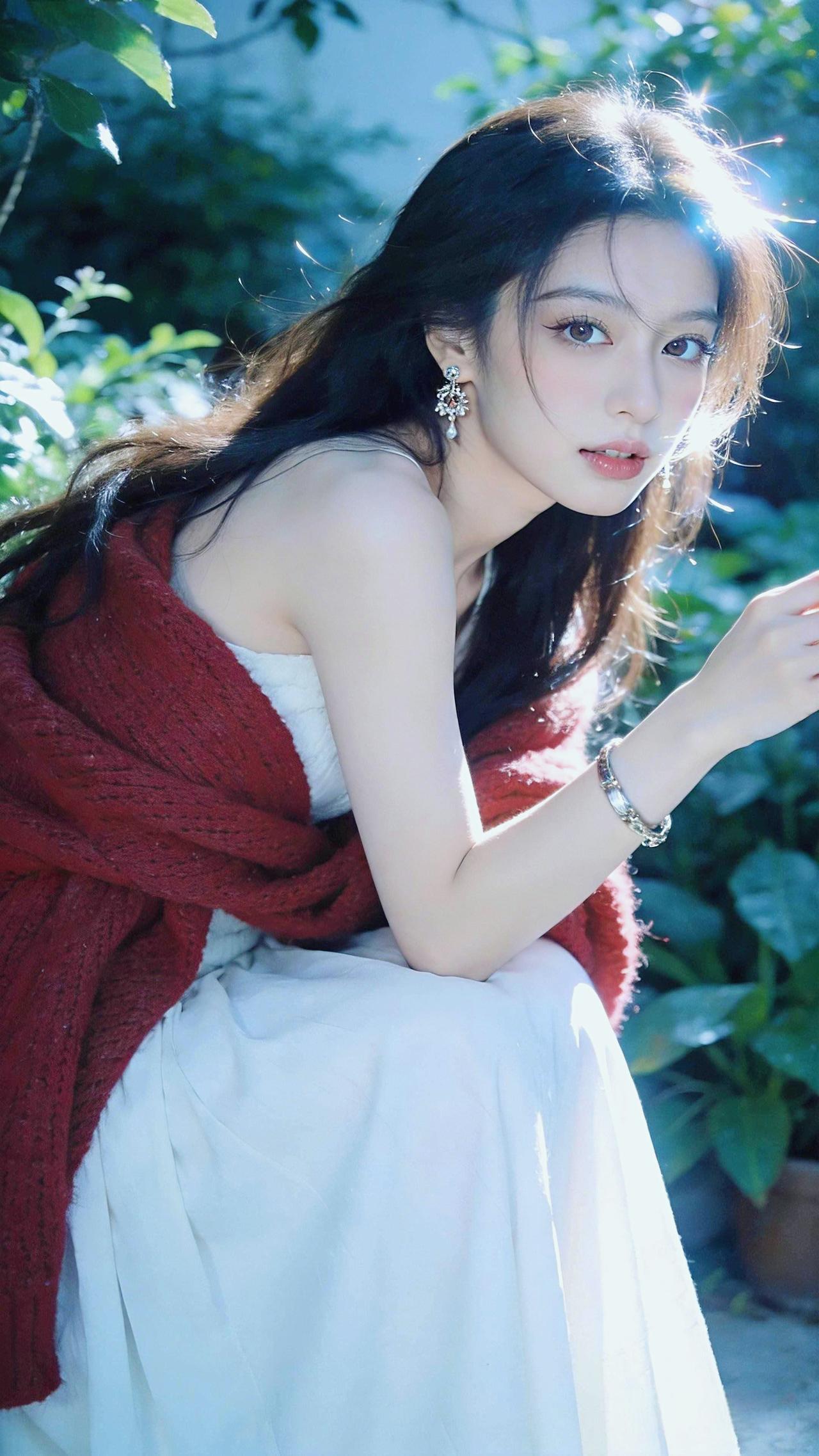 晴光林间，红衬白裙，清灵温婉。