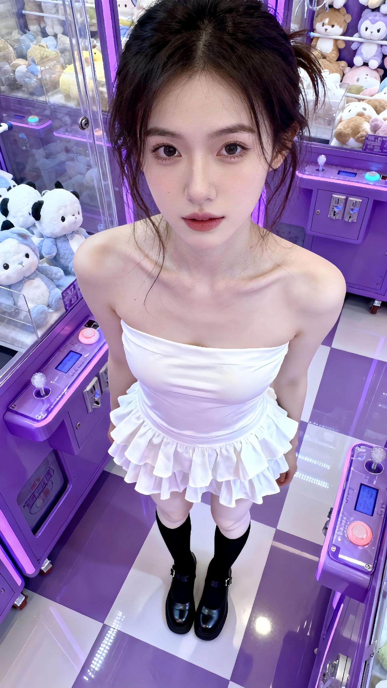 这位小姐姐正在夹娃娃机前拍照呢。女人穿裙子配什么鞋显得更有品味?什么样的裙子才