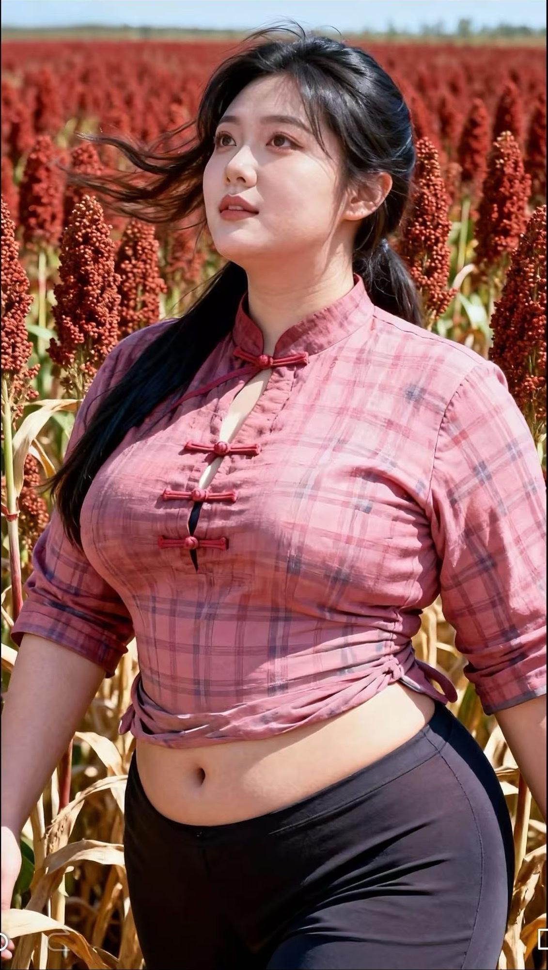 秋原佳人秋阳暖照，高粱如红浪翻涌。佳人立于其间，发丝随风轻扬。粉格上衣古朴雅