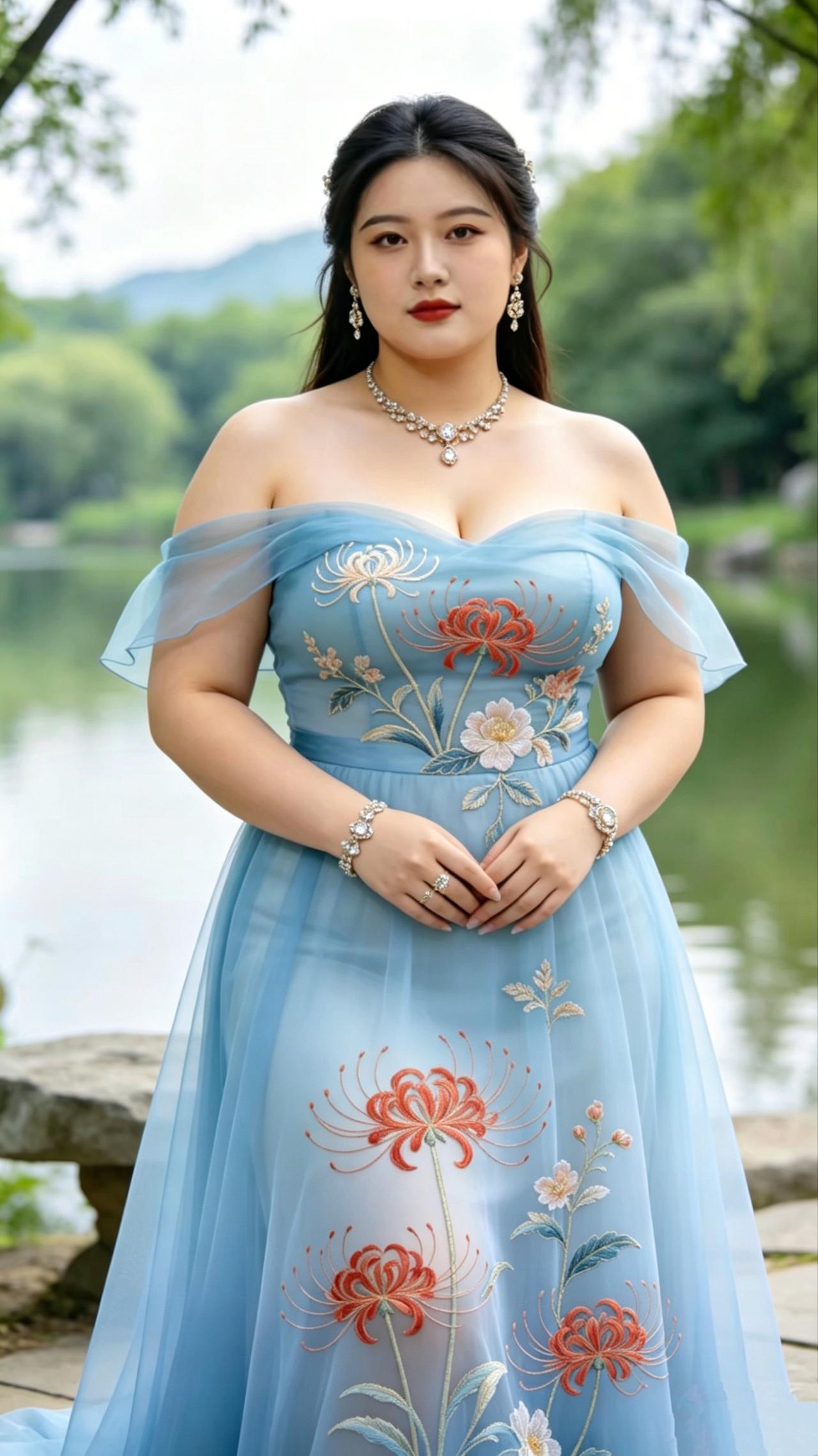 《湖畔蓝纱》远山笼着淡青雾霭，湖水静得像一面软玉明镜，垂柳沿着水岸铺展一片盈
