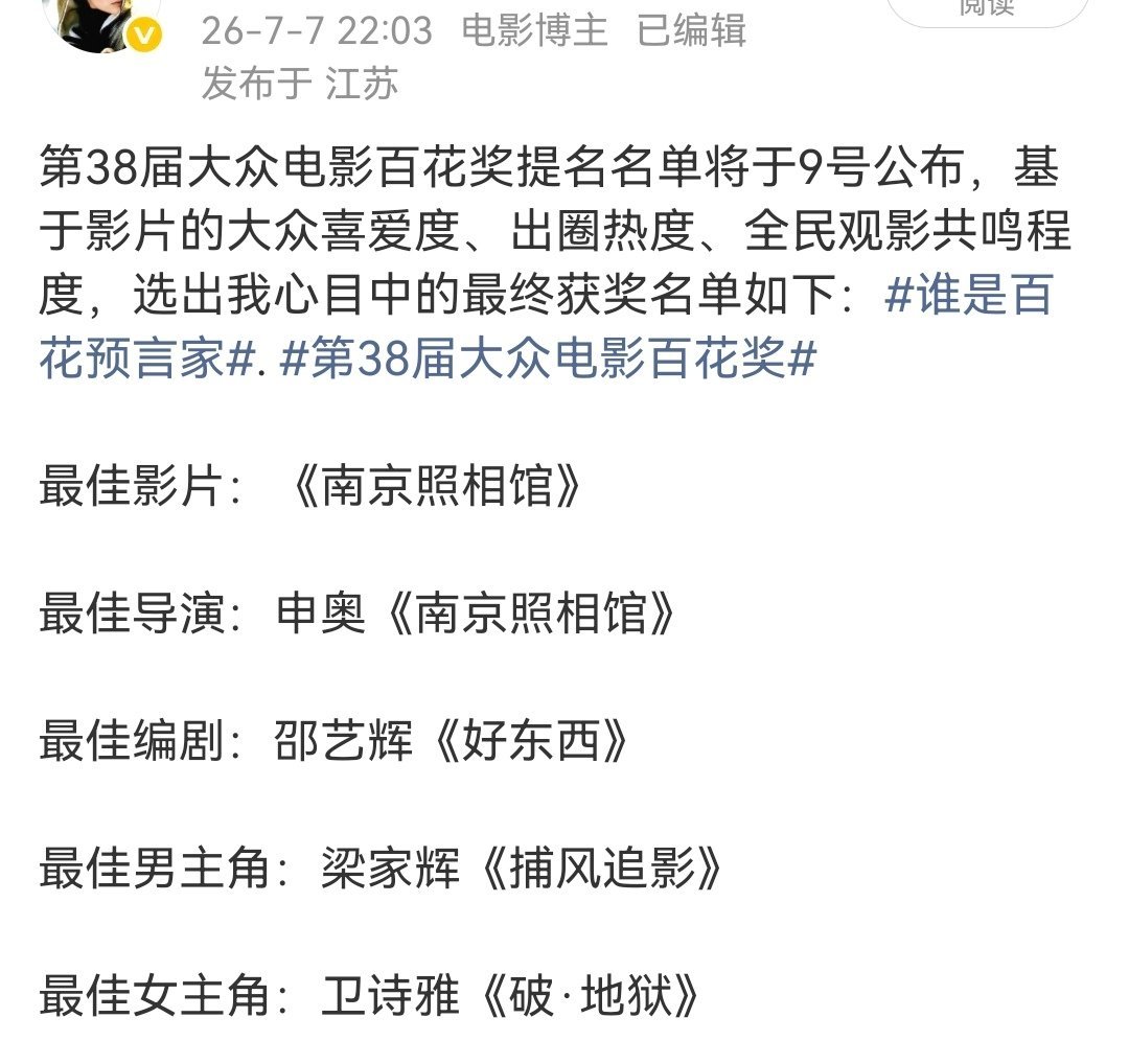 这个预制奖看似做的天衣无缝，实则漏洞百出，导致很多人不理解卫诗雅拿最佳女主，很显