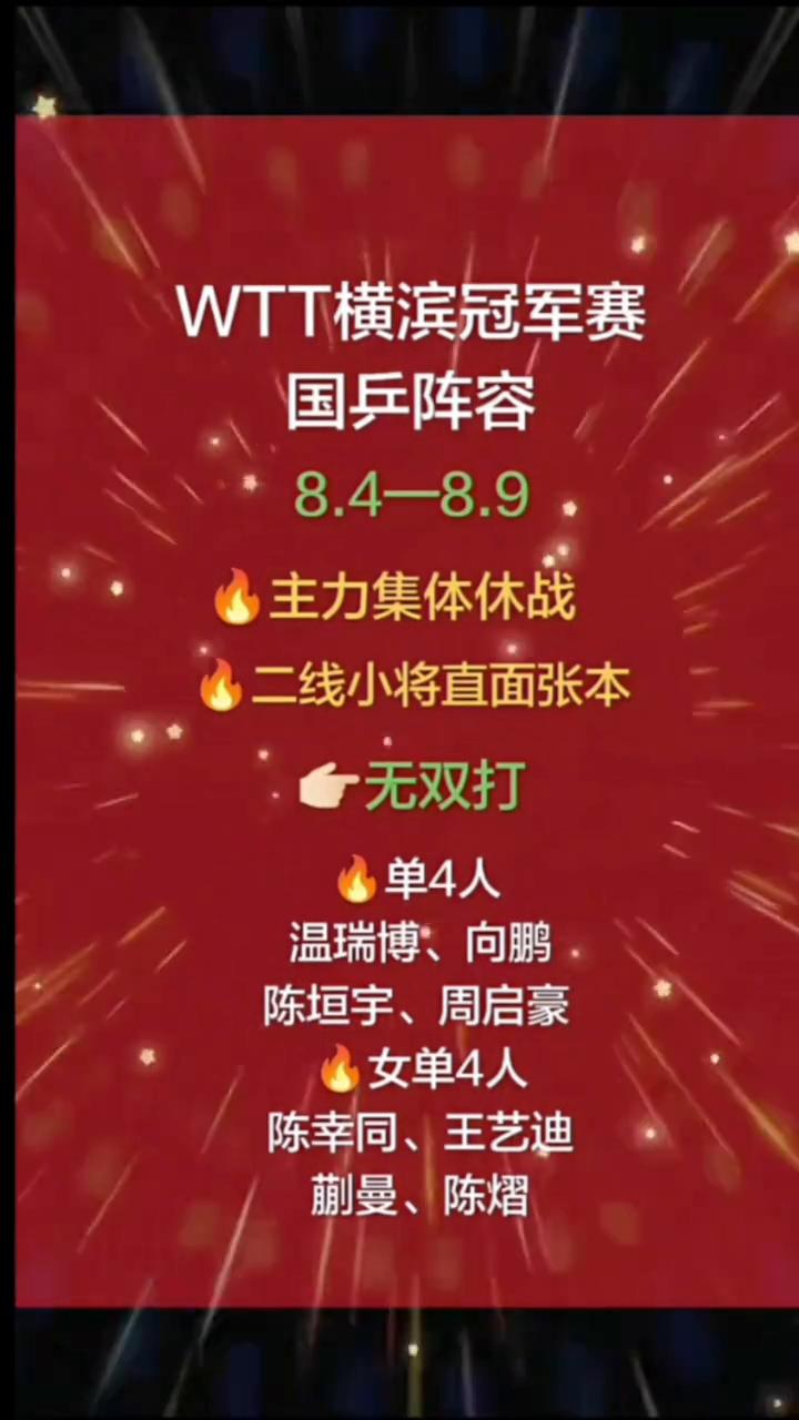 WTT横滨冠军赛国乒阵容：8.4-8.9，主力集体休战，二线小将直面张本。无双