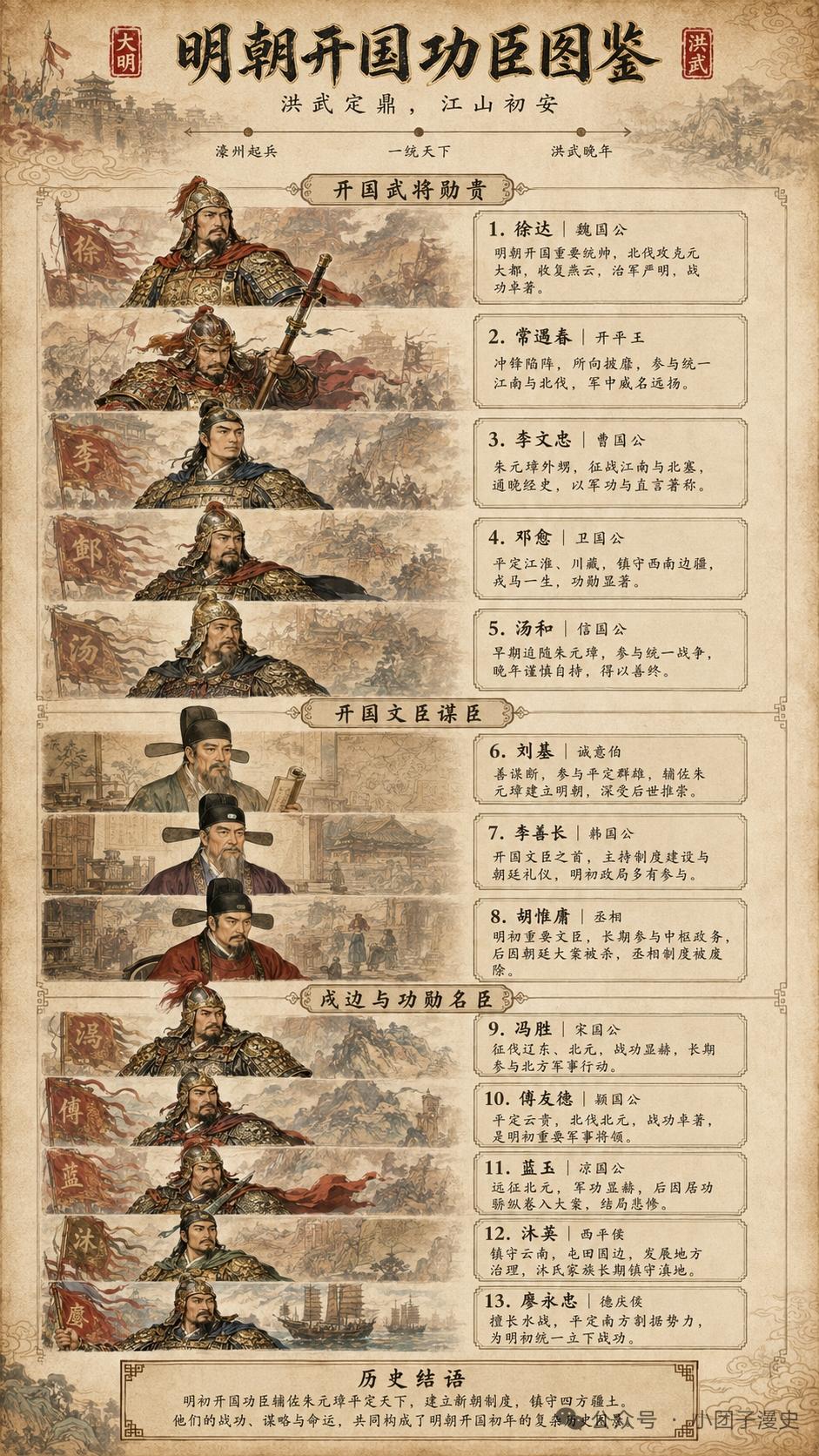 明朝开国功臣那可是群星璀璨。官方钦定功臣庙21人里，正殿核心的徐达是灭元统帅，开