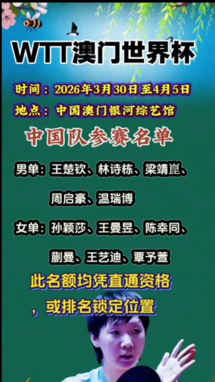 WTT澳门世界杯。时间：2026年3月30日至4月5日。地点：中国澳门银河综艺