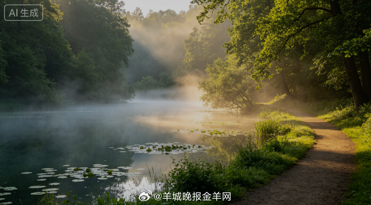 #早安#盛夏清晨，薄纱似的晨雾轻笼静谧小湖，四周林木浓绿葱郁，湖面浮着零星睡莲