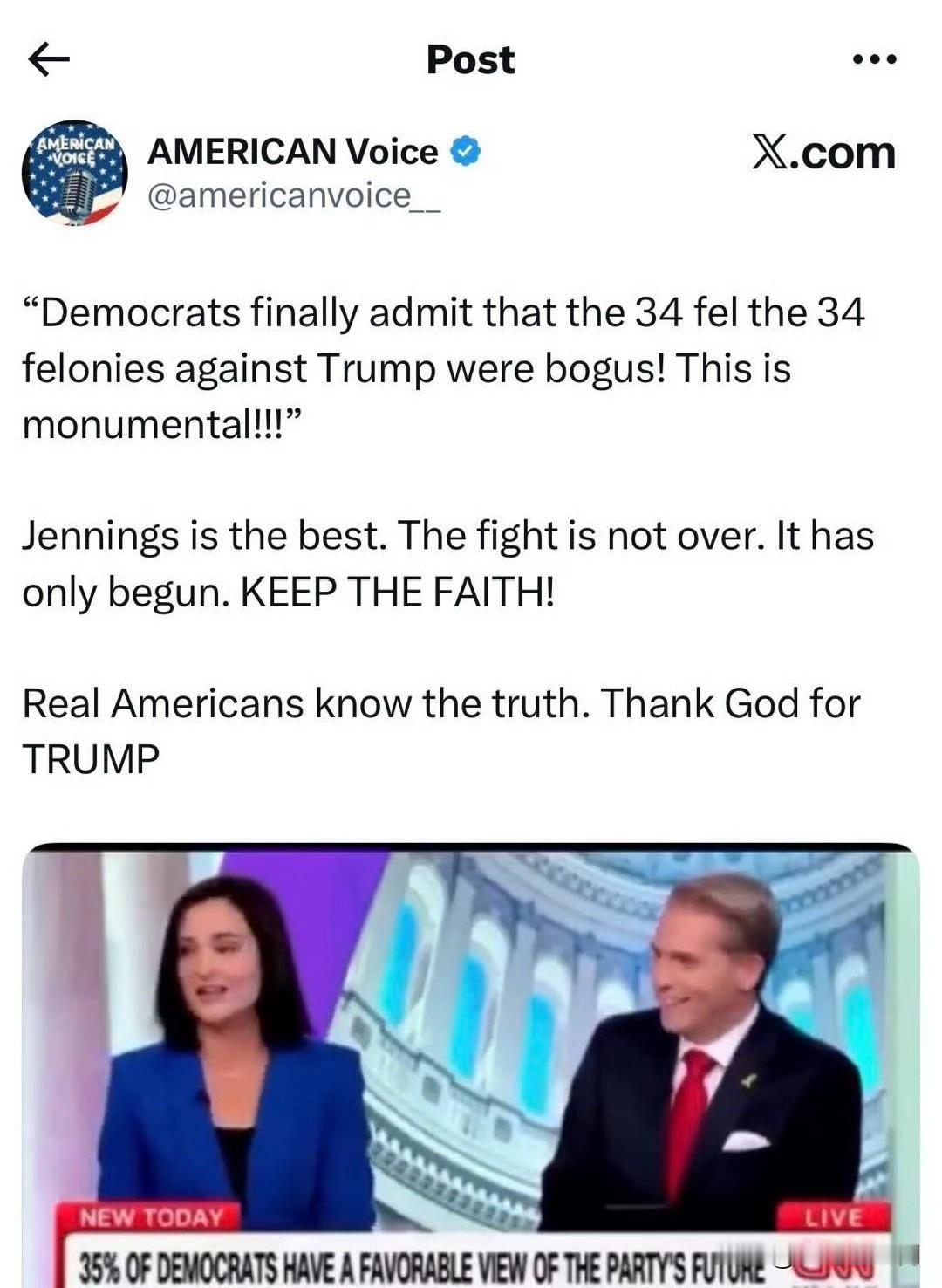 “民主党人终于承认，針对川普的34项重罪是假的！这是不朽的！！！”Jenni