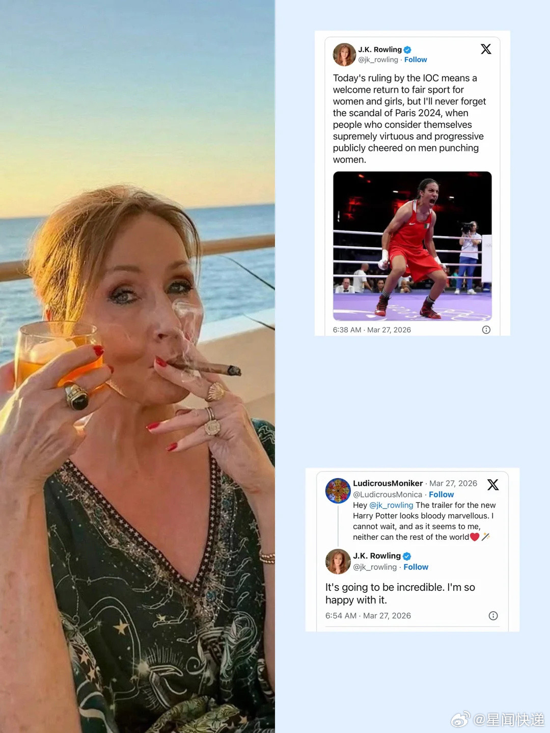 JK罗琳对剧版哈利波特非常满意《哈利·波特》作者J.K.罗琳发文表示，国际奥委会