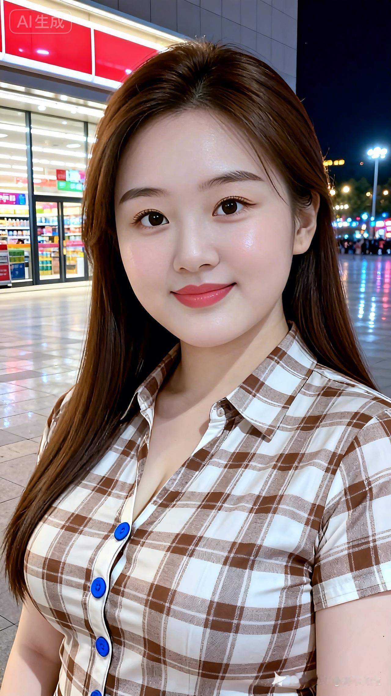 夜晚的街头，甜美少女与便利店灯火交辉