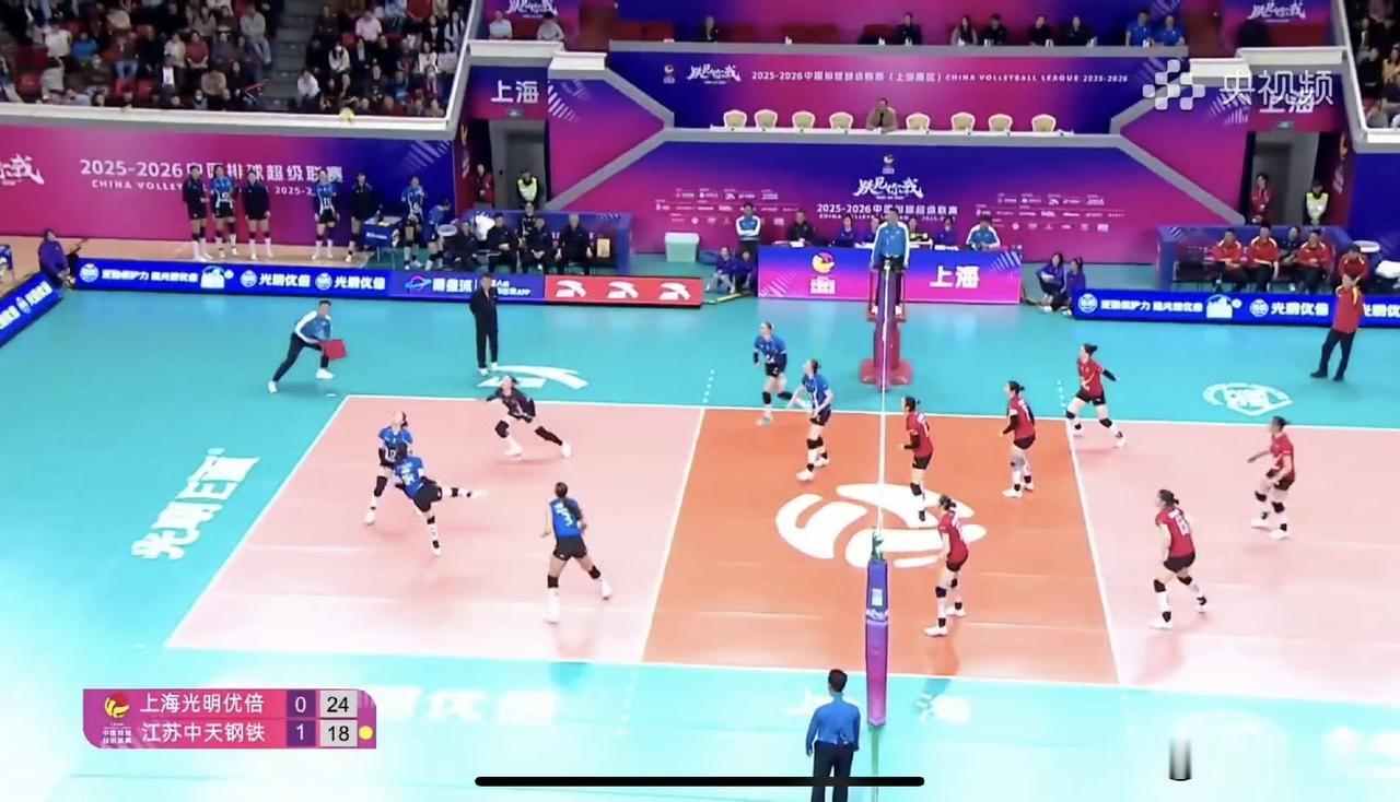 江苏女排靠吴梦洁主打，第二局出问题了，一点攻还是不行啊！上海女排发球拼出来后，江