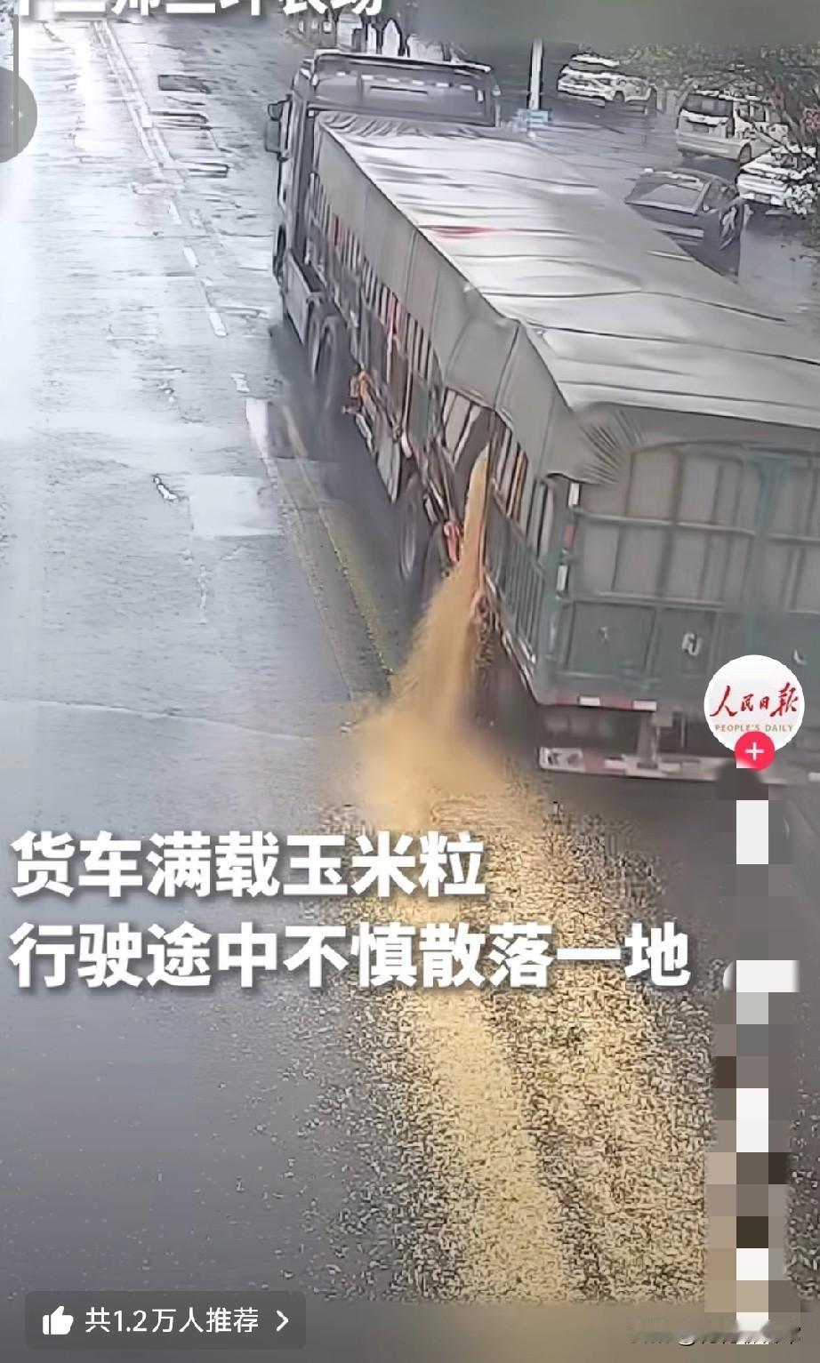 看到人民日报转载的这一幕:近日新疆一辆满载玉米粒的货车半路“洒金”，司机愣在