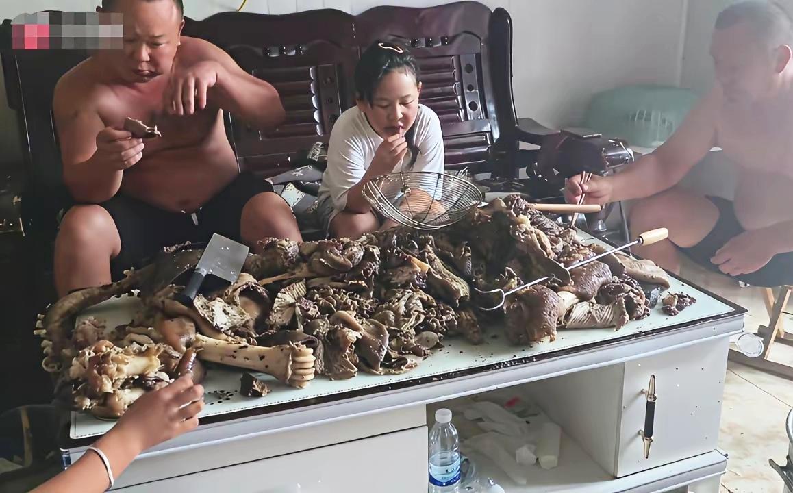 就那么爱吃肉吗？也不弄个东西盛起来。一家人围着一个茶几，上面摆满了炖好的大骨头，