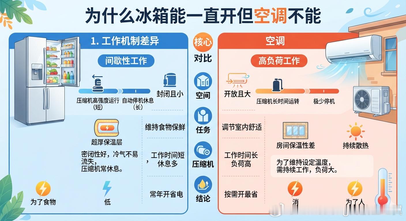 为什么冰箱能一直开但空调不能从技术角度来说，只要产品质量合格，空调完全可以像冰