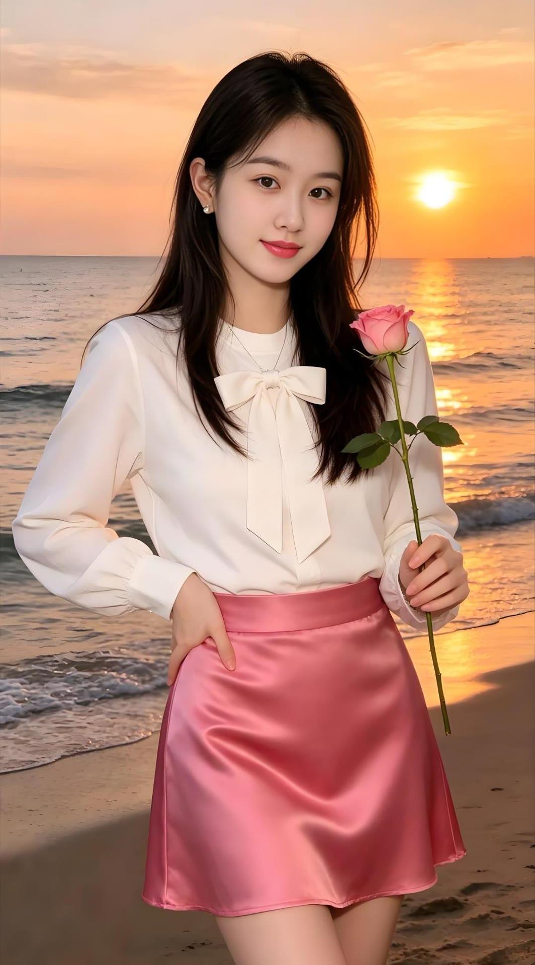 日落海滩边，玫瑰映红妆。