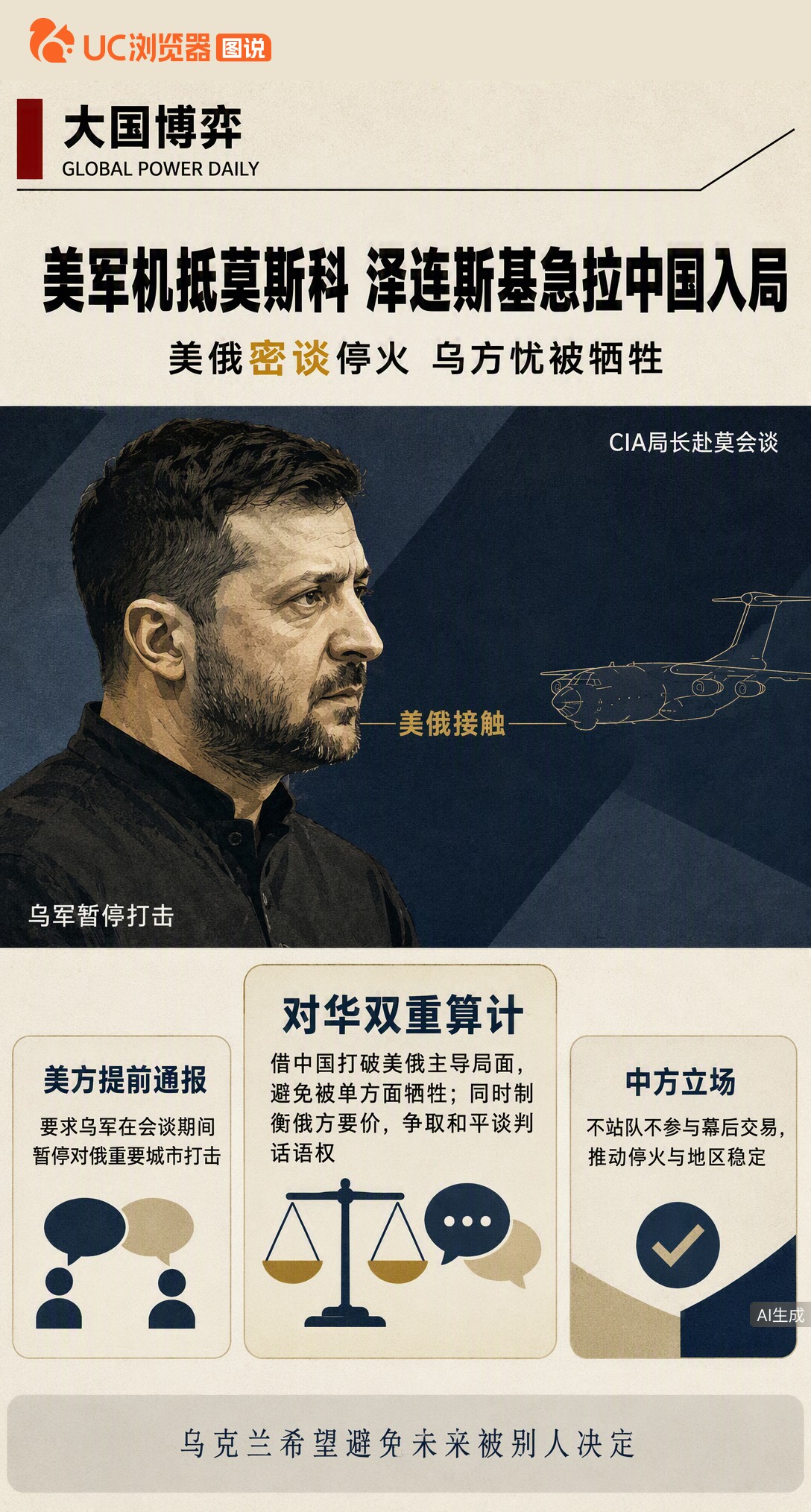 美军机抵莫斯科、CIA局长秘密会谈之际，泽连斯基罕见点名感谢中国。美方要求乌军暂停打击配合谈判，基辅