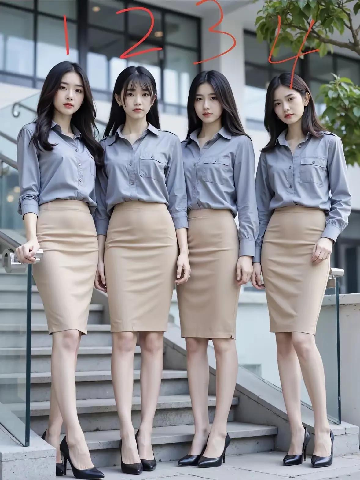 四个身着职业装的美女，选一个当办公室同事的话，哪个最合适？