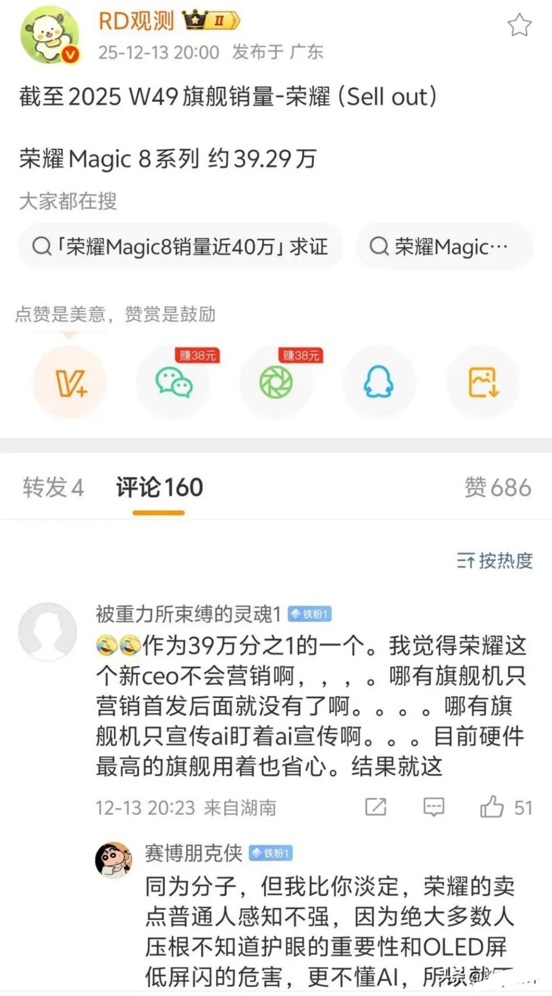 荣耀Magic8激活量近40万！耀子还得再冲一把[捂脸哭]配置真不算拉胯啊，