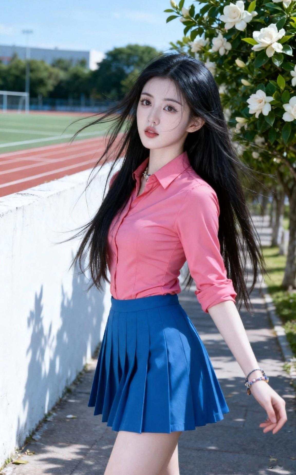 阳光下的少女，粉衬衫蓝短裙，青春洋溢！🌞👗👠