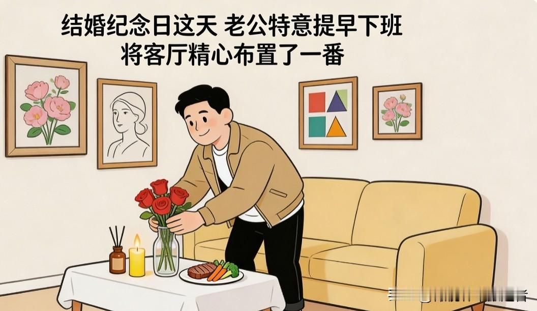 趣味漫画：老公在结婚纪念日准备了玫瑰和烛光晚餐。老婆感动：你怎么突然这么浪漫？