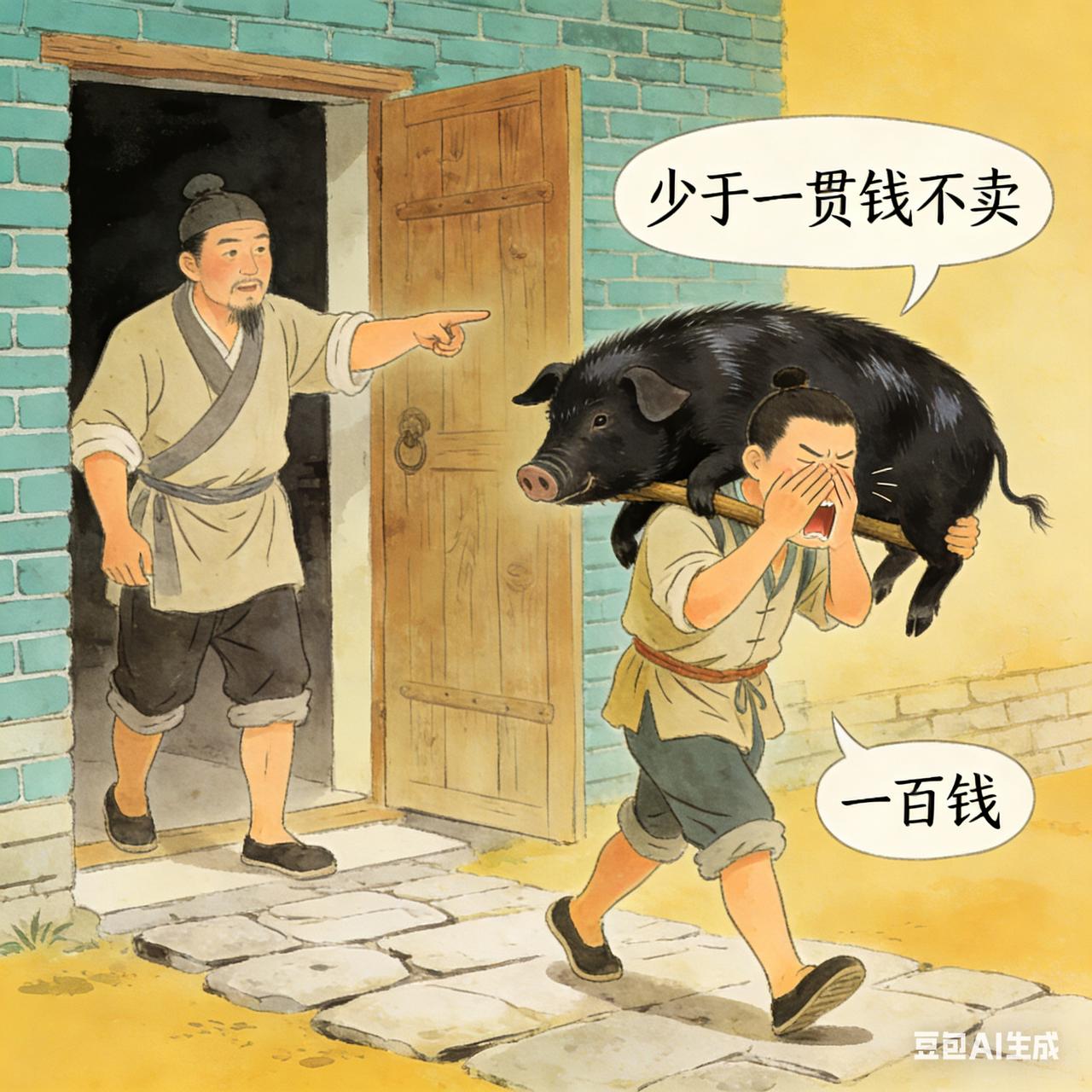 古代笑话王屠户让傻儿子去卖猪，叮嘱少于一贯钱不卖。傻儿子边走边念叨，路过李老