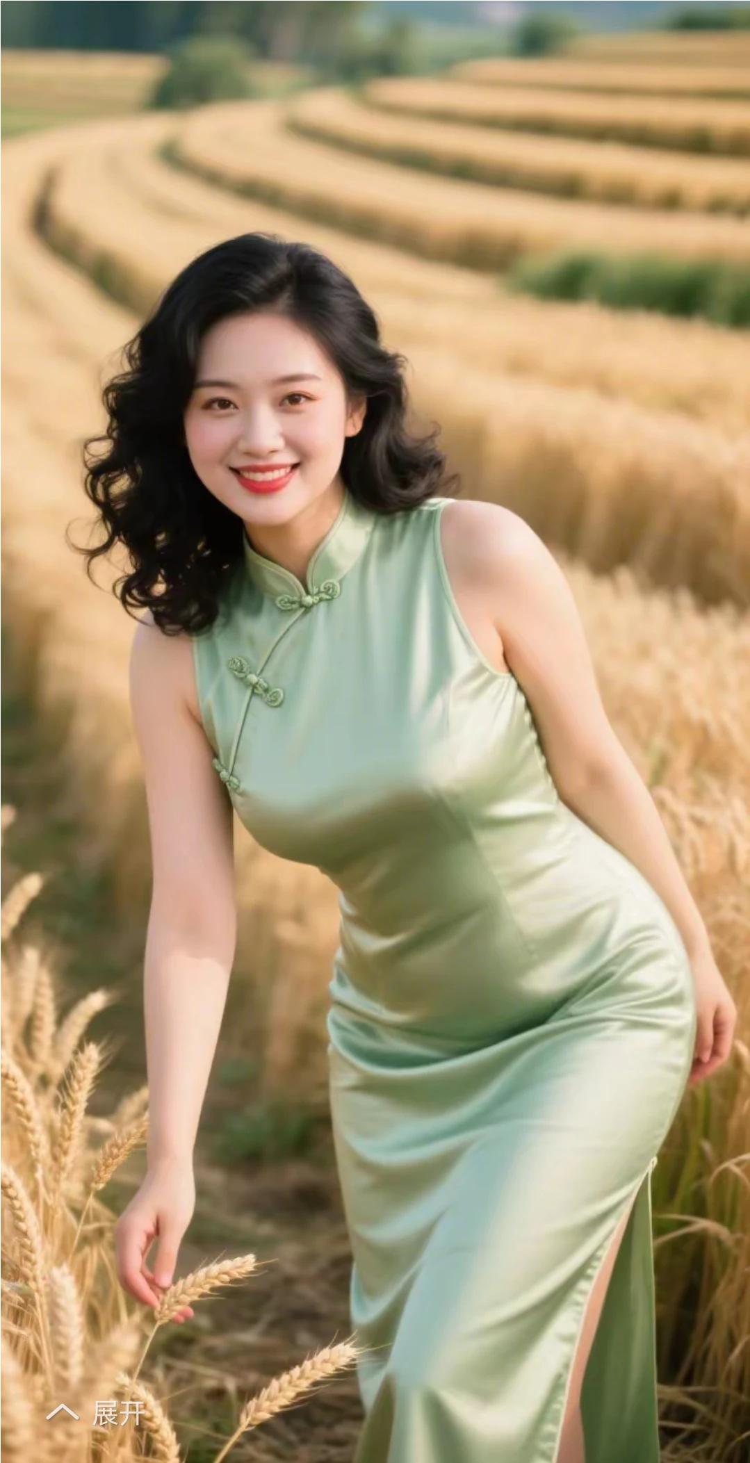 绿豆旗袍雅韵生，金黄麦浪绽风情。青丝如瀑随风舞，眸若秋水映繁星。