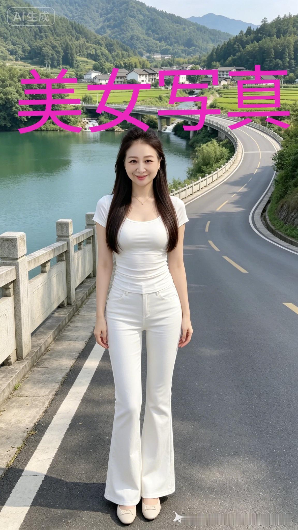 一位年轻的中国美女，身高1米80，拥有一双修长的美腿。她妆容淡雅，一头棕黑色的长
