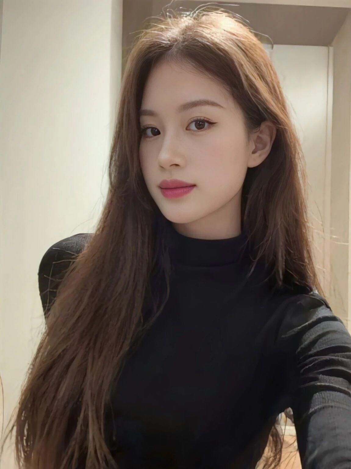 乌黑高领勾勒出简洁线条，长发垂落时带着柔软的弧度，低饱和唇色衬得皮肤愈发通透，是