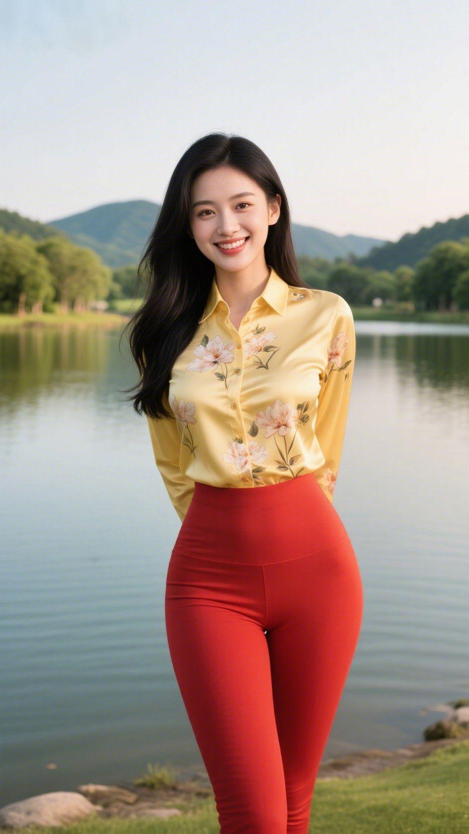 金衫红裳映湖光湖畔的风揉碎了湖面的波光，青山如黛环抱着这片澄澈的水域，一袭