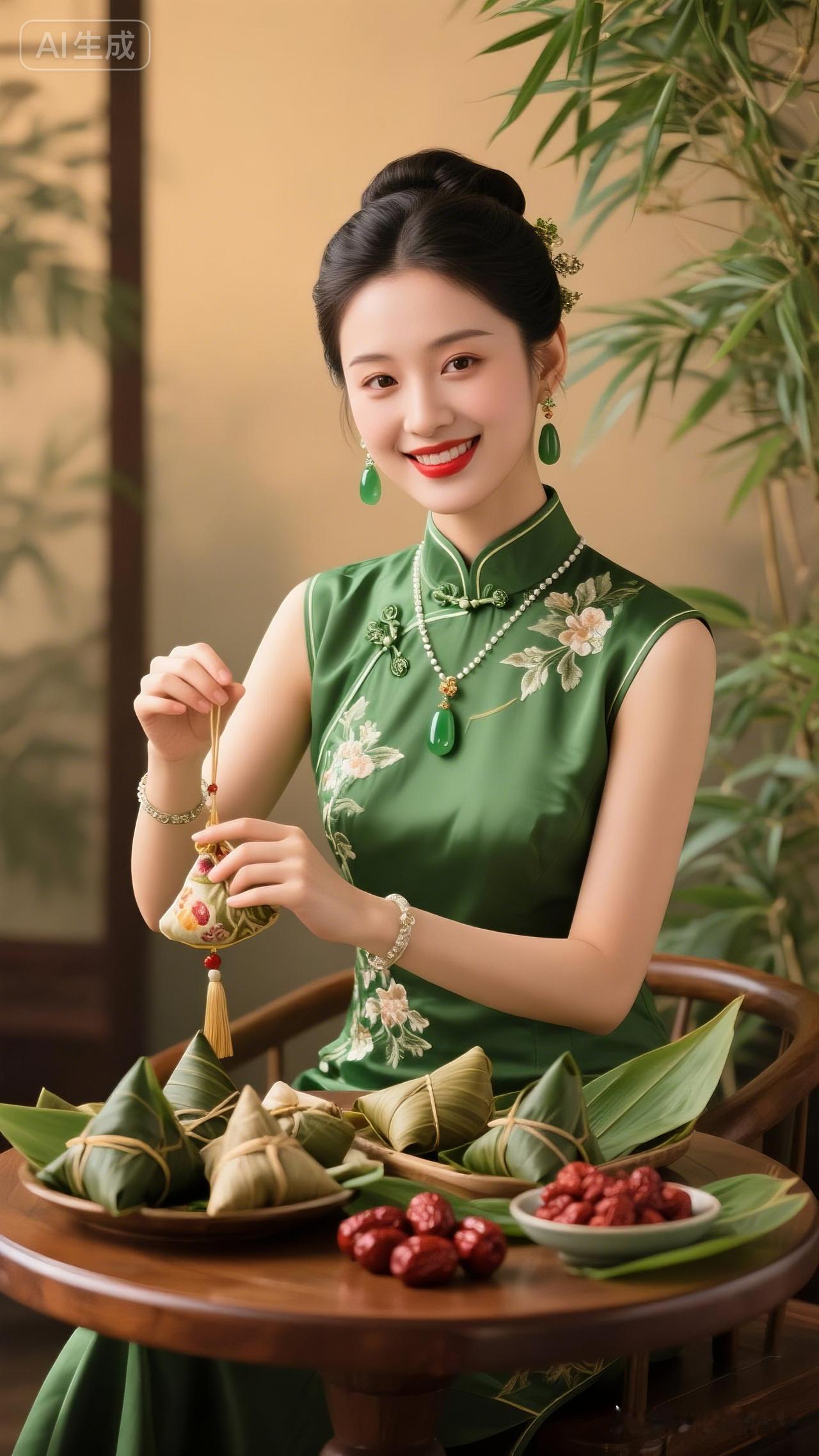 温婉佳人身着雅致绿底绣花旗袍，成套碧玉首饰温润雅致。发髻随性挽起，手拎端午香囊浅